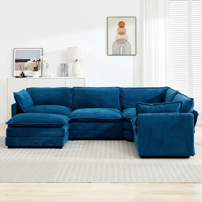 5-Seater Corduroy Sectional Sofa with a Removable Ottoman & Corner Seat, Soft & Comfortable - 4 Seats with 1 Ottoman
