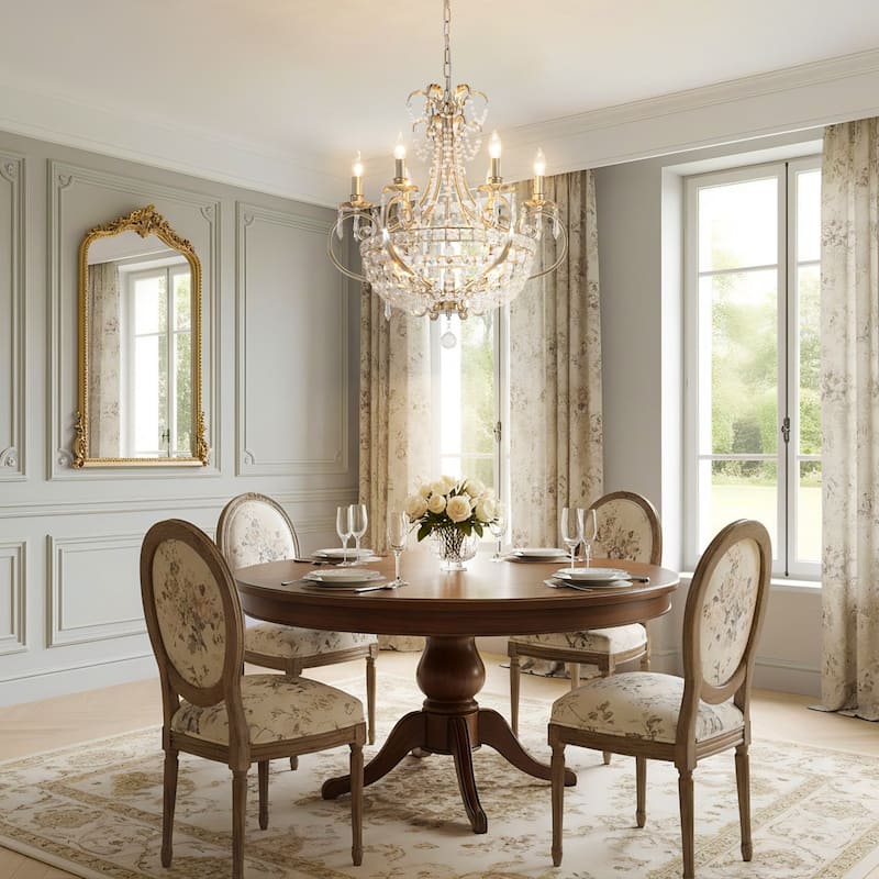 9-Light 24.4" W Crystal Chandelier in Antiqued Brushed Silver with Teardrop Pendants for Use in Living & Dining Room