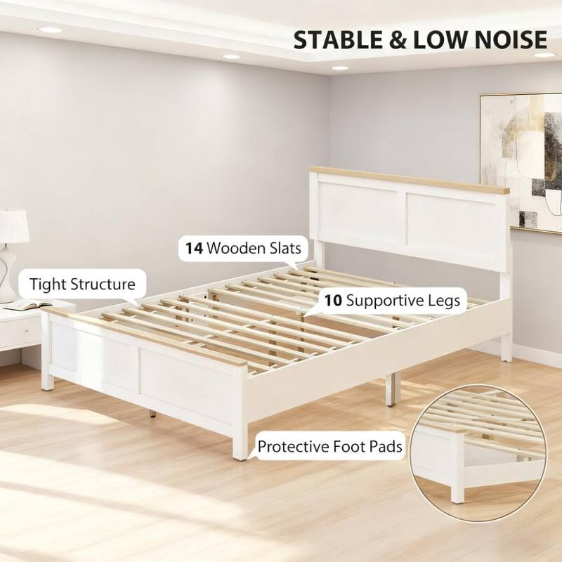 Modern White Full Bed Frame with Headboard, Minimalist Design, 660 lbs Capacity
