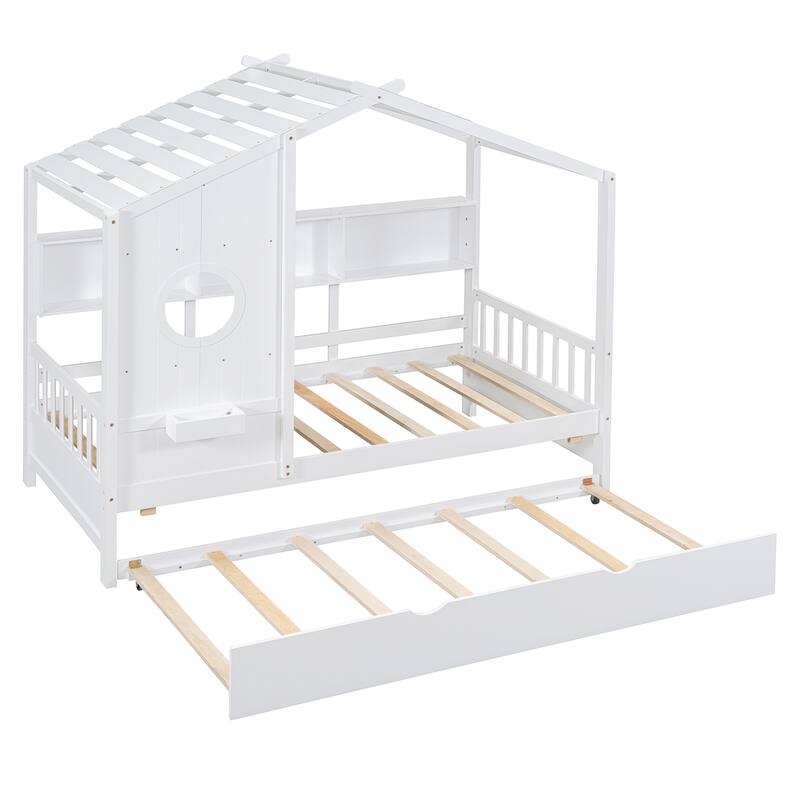 White Twin Size Wooden House Bed With Trundle, Modern Design for Kids with Storage Shlef