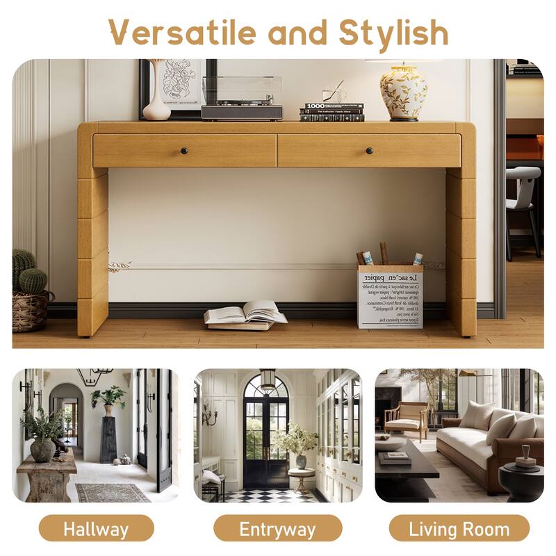 Anmytek Farmhouse Rustic Curved Wooden Storage Console Table with 2 Drawers for Entryway Hallway Living Room Natural