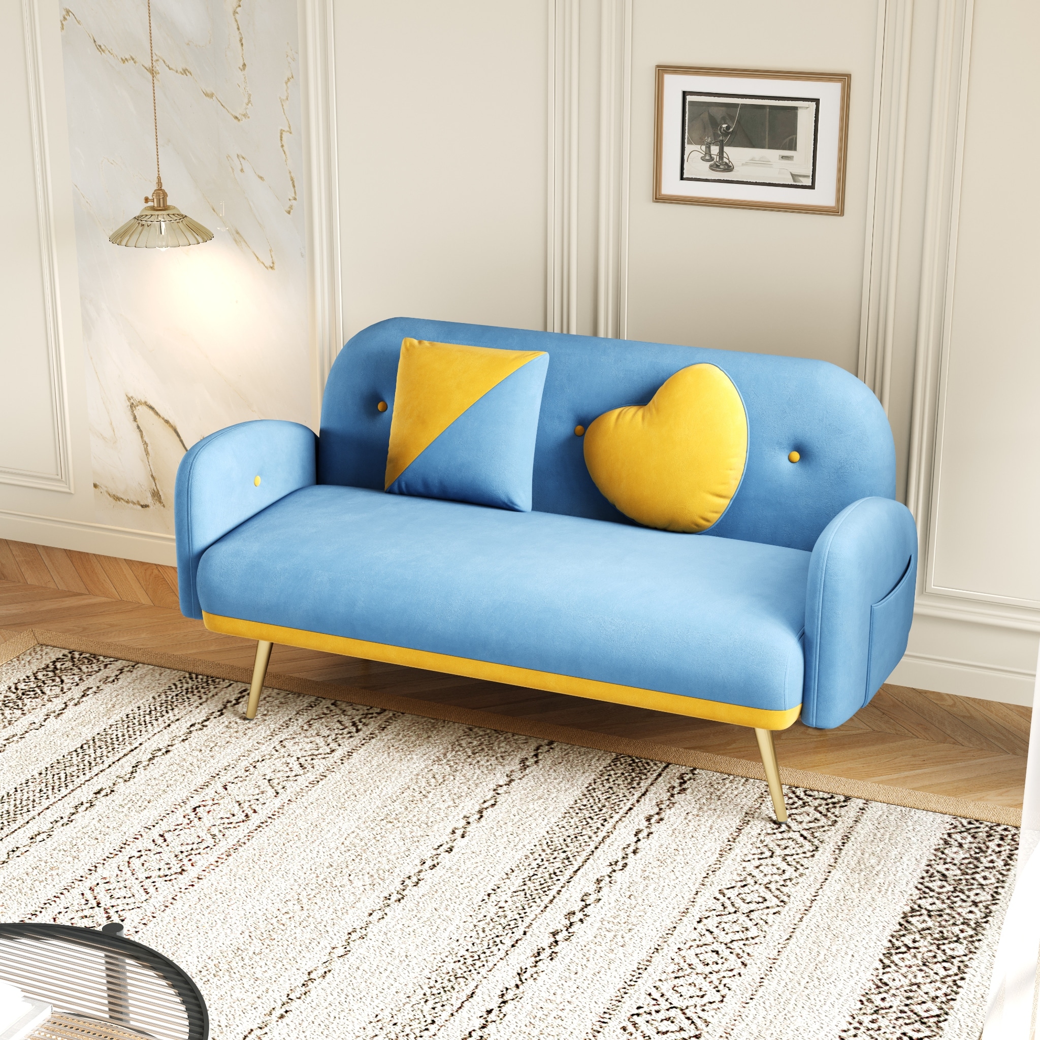 Ouyessir 58 Inch Velvet Fabric Loveseat with Heart Square Throw