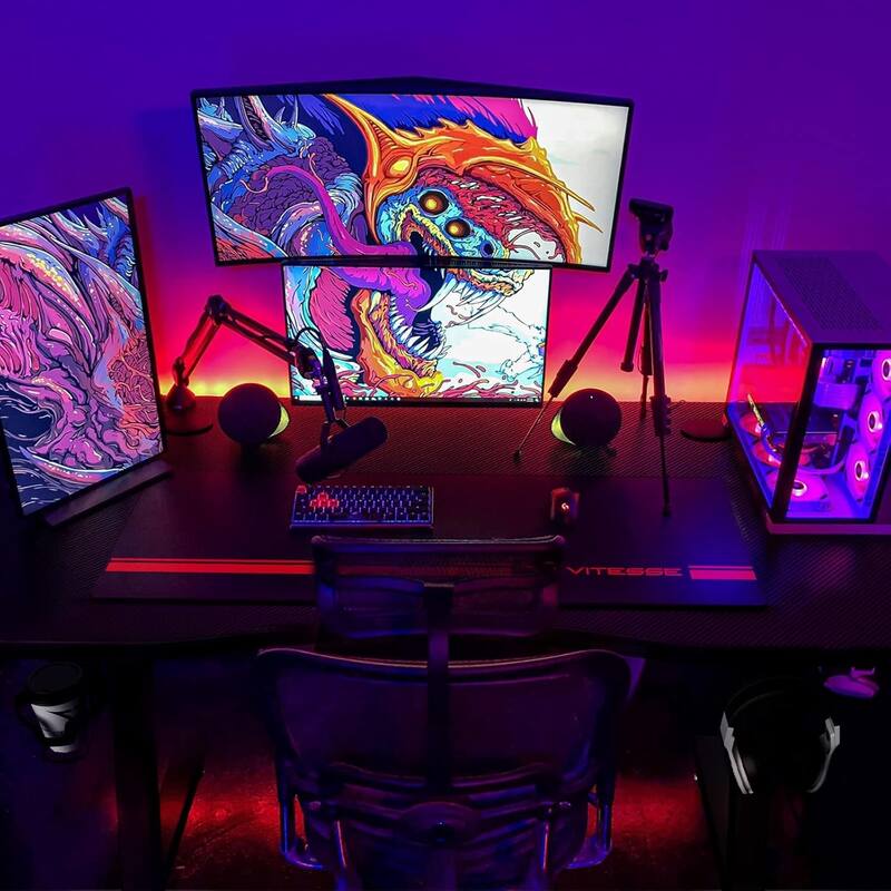 BOSSIN Ergonomic Gaming Desk Z-Shaped Office PC Computer Desk Gamer Tables with Cup Holder and Headphone Hook