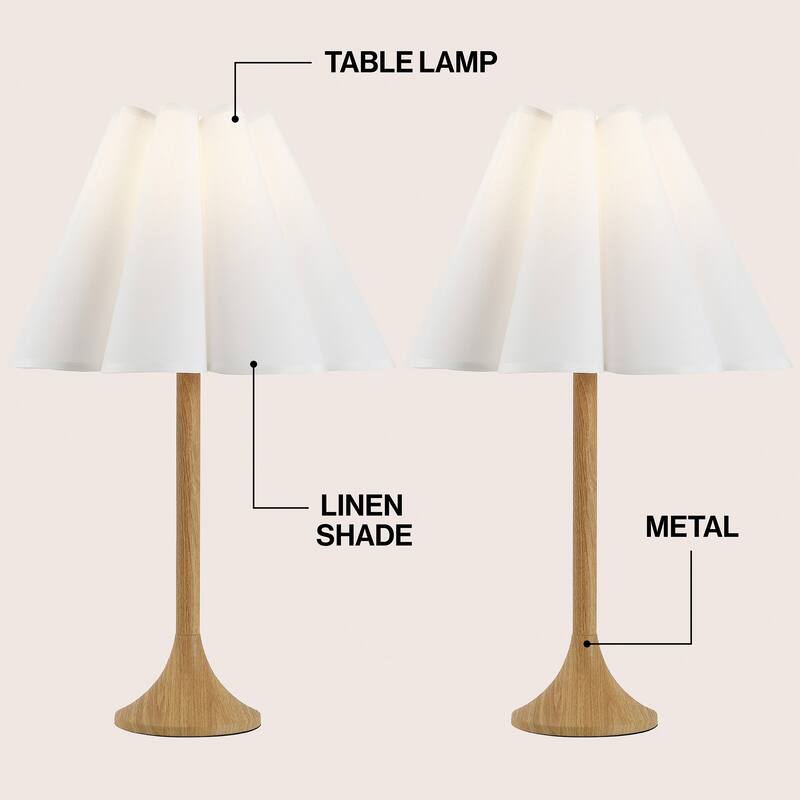 By JONATHAN Y, Abel 25.5" Pleated Shade Wood Column LED Table Lamp, (Set of 2)