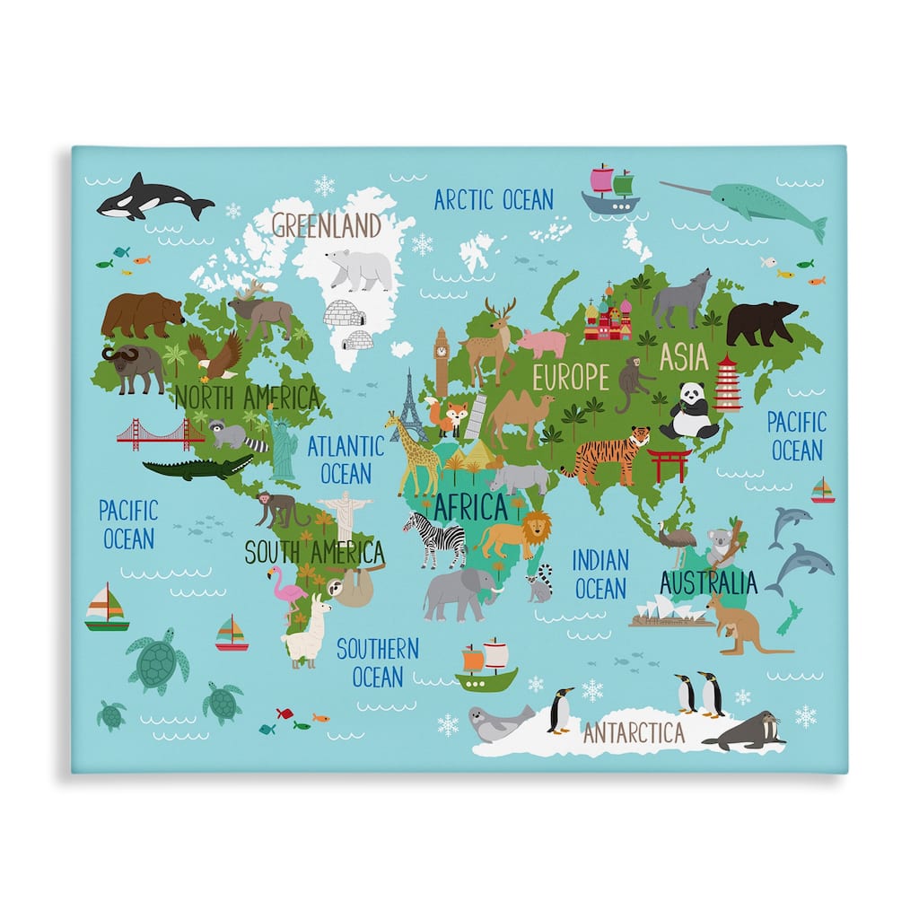 Stupell Kid's Animal World Map Favorite Regional Wildlife Canvas Wall Art - Blue