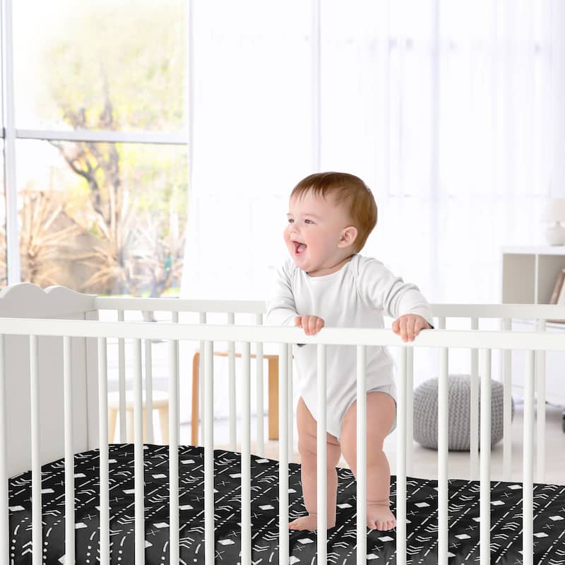 Black and White Boho Mudcloth Boy Girl Fitted Crib Sheet - White Black Woodland Bohemian Tribal Southwest Geometric Arrow Aztec
