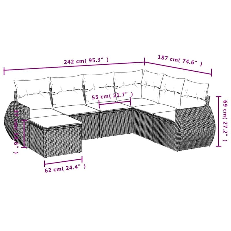 vidaXL 7 Piece Patio Sofa Set with Cushions Grey Poly Rattan - 24.4" x 24.4" x 27.2"