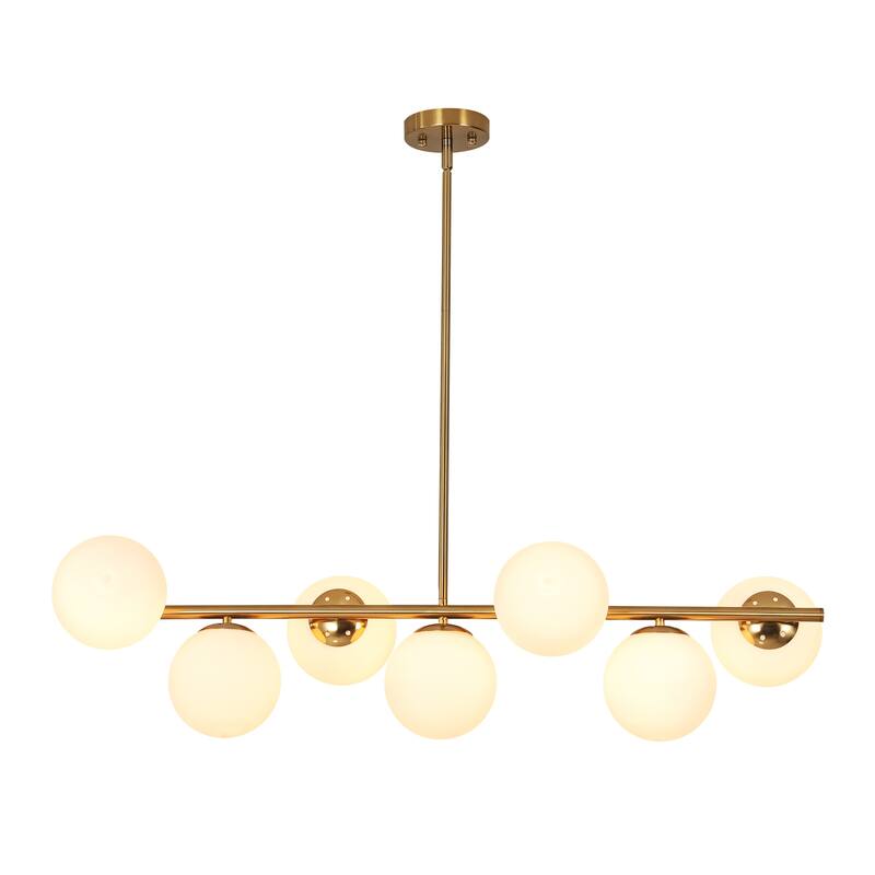 7-Light Mid-Century Modern Gold/Black Sputnik Metal Island Lights with Opal Glass Globe Shades for Kitchen, Dining Room