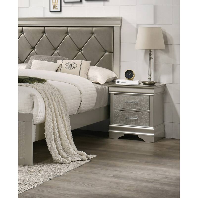 1pc Modern Glam Style Two Drawers Nightstand Solid Wood Crystal-Like Diamond Tufted Crocodile Texture Bedroom Furniture