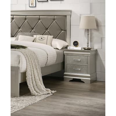 1pc Modern Glam Style Two Drawers Nightstand Solid Wood Crystal-Like Diamond Tufted Crocodile Texture Bedroom Furniture