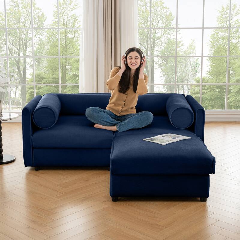 75.5" Chenille 2-Seater Sofa with Ottoman Storage & Cylindrical Backrest - Blue