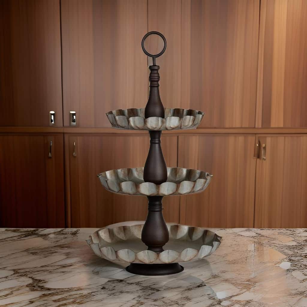 Ammy 28 Inch 3 Tier Round Decorative Serving Tray, Black and Gray Iron