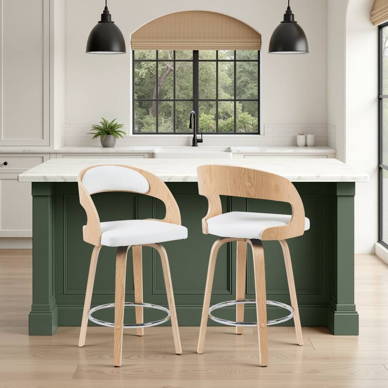 Shelly Mid-Century Swivel Bar Stool, Upholstered Counter Height Chair with Bentwood Legs - White & Oak - Counter Height - Set of 2