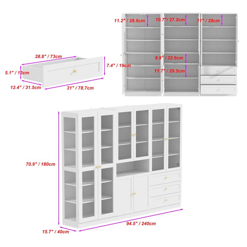 Bookcase Display Cupboard Curio Cabinet 2 Glass Door White Lacquer - 70.9"Hx31.5"W