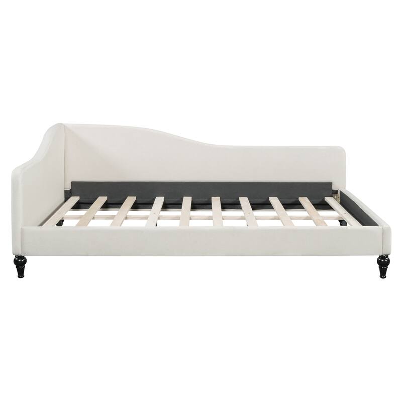Twin/Full Size Upholstered Daybed, Linen Fabric Sofa Bed with Solid Wood Legs and L Shaped Backrest, Solid Wood Bedframe