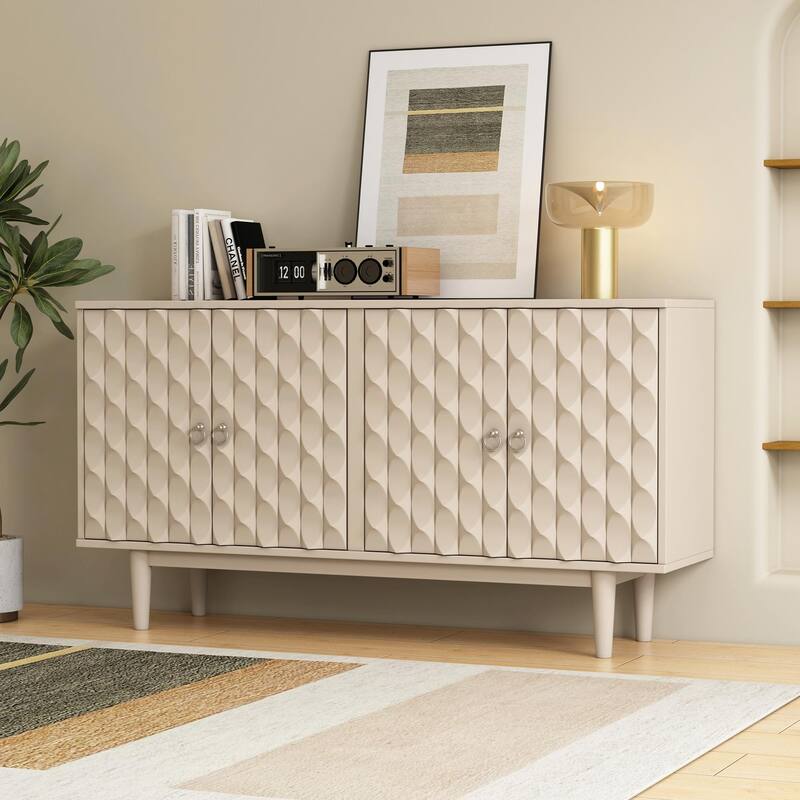 Modern 4-Door Sideboard with Convex Pattern Doors and Silver Handles
