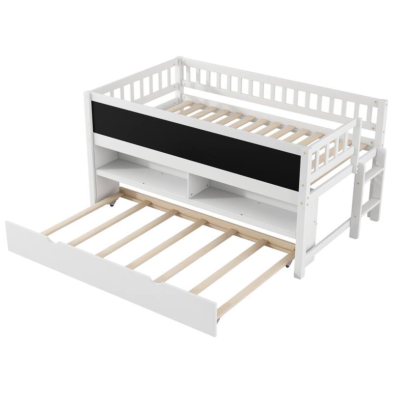 Twin Size Solid Platform Bed With Trundle And Blackboard - 2 Storage Shelves, No Box Spring Needed