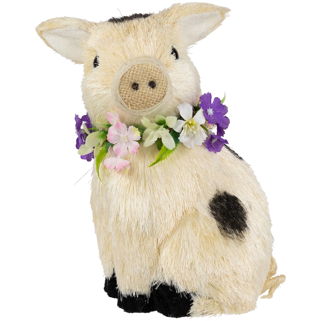 Spotted Sitting Piglet Rustic Spring Figurine 9" Off White and Black