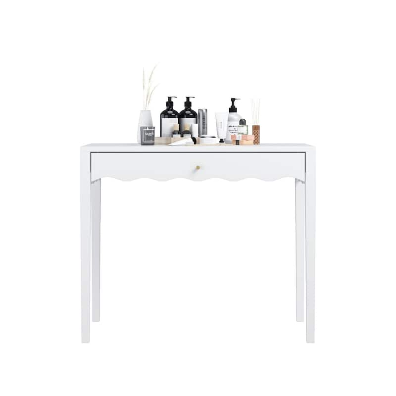 35.43"Vanity Desk with Drawer - Modern Makeup Table with Scalloped Front & Gold Knob, Compact Writing Desk with 4 Sturdy Legs