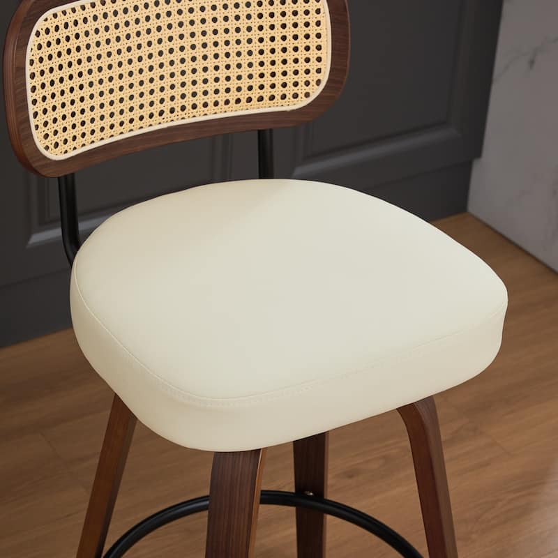 360° Swivel Upholstered Bar Stools Set of 2, 26"H Rattan Counter Height Stools with Cane Back & Wood Frame for Kitchen Island