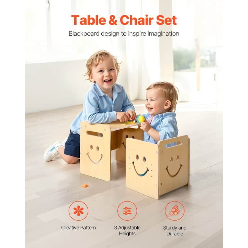 Natural Wood Poplar Montessori Table Set with Chalkboard & Adjustable Height - 16.7 x 11.8 x 15.2 in