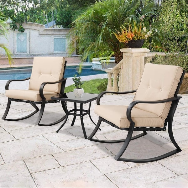 Lawns Gray Deck Poolside Porch SOLAURA Outdoor Furniture 3-Piece Rocking Bistro Set Brown Wicker with Soft Cushions /& Glass Coffee Table for Yard