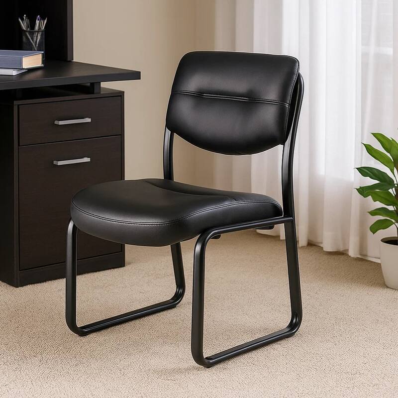 Eve Side Chair with Sled Base, Steel Frame, Black Faux Leather