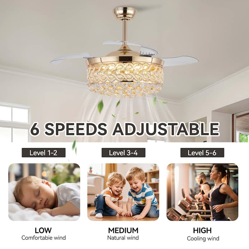 Kviflon 48'' Retractable Ceiling Fan with Lights and Remote 6 Speed, 3 Light Change Retractable Blade Chandelier Ceiling Fan