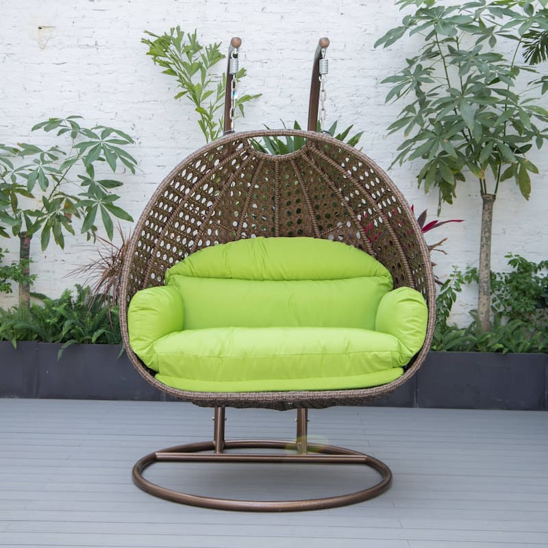 LeisureMod Mendoza Dark Brown 2 Seater Wicker Patio Hanging Double Swing Chair for Patio Porch Backyard Garden - 53"