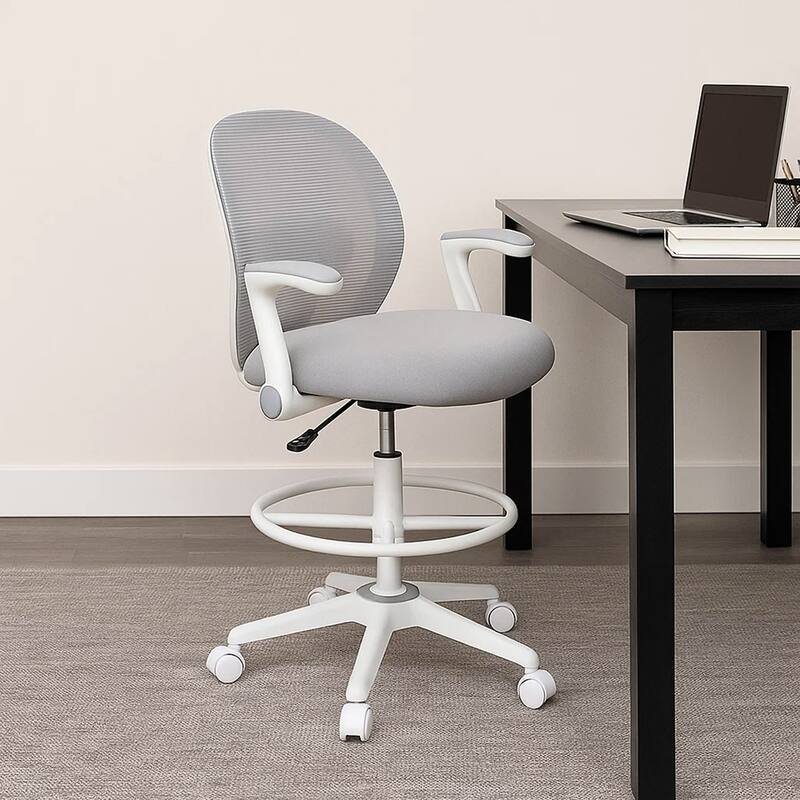 Swivel Office Stool, Flip-Up Arms and White Footring, Gray Mesh Back