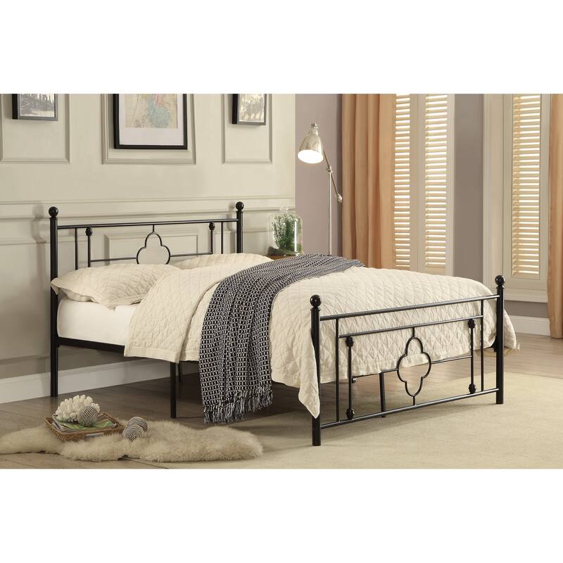 Full Size Metal Platform Bed with Ball Finials and Quatrefoil Design