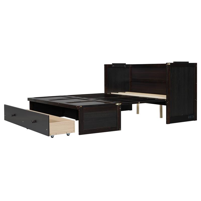 Queen Size Murphy Bed with USB Port and Large Drawer, Space-Saving Design, No Box Spring Needed, Espresso Finish