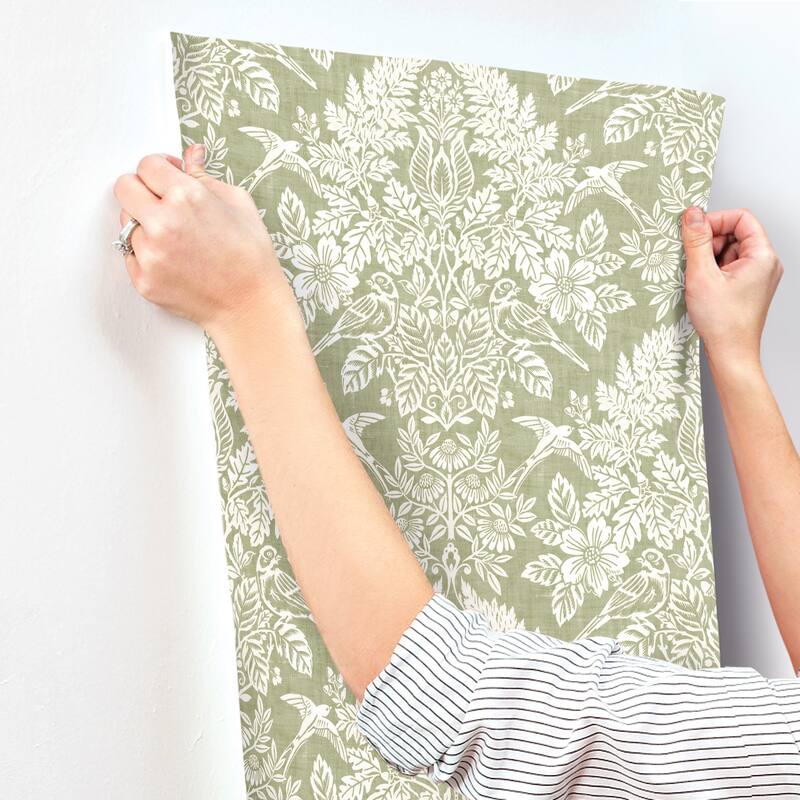 Chris Loves Julia x A-Street Prints Finch Light Green Woodland Damask Wallpaper