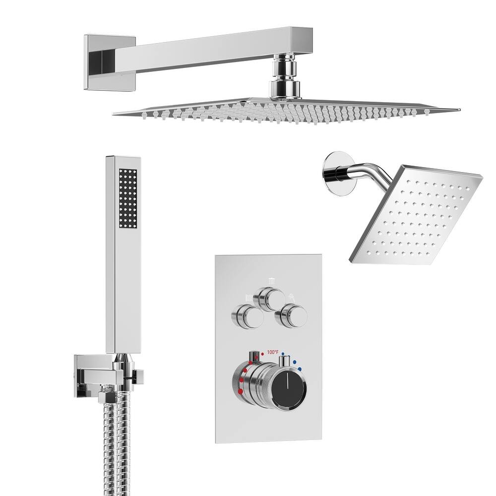 GRANDJOY 3-Function Thermostatic Shower System 12'' Rainfall Shower Head with Anti-Scald Valve