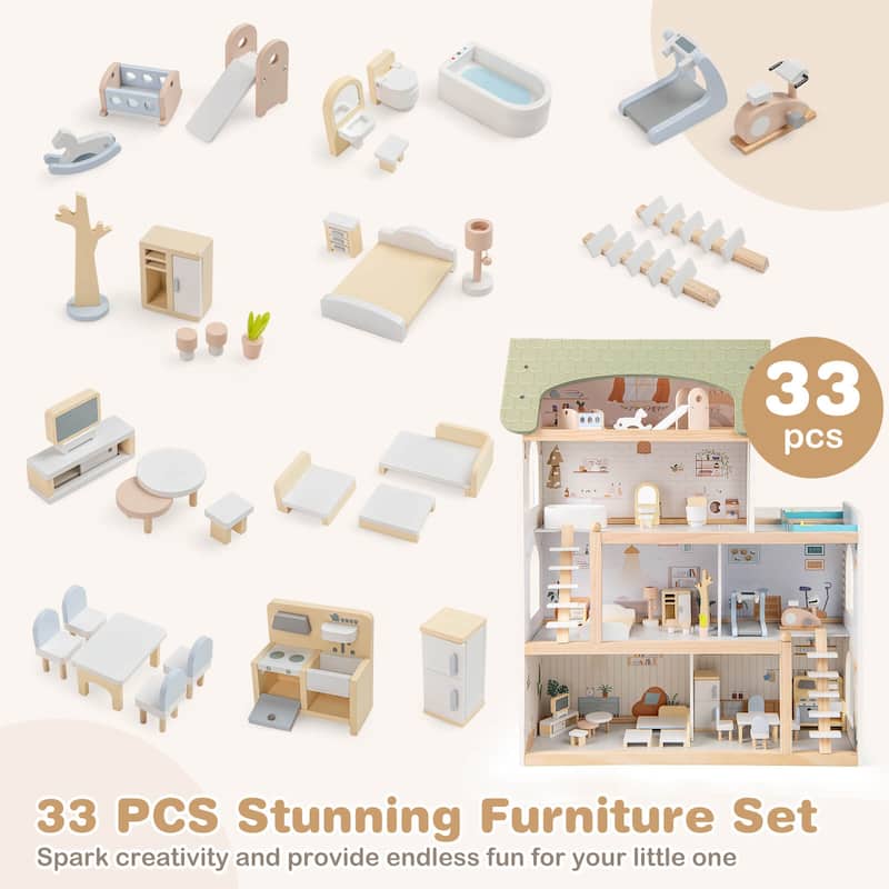 Costway Kids Wooden Dollhouse 4-Story Modern Doll House with 33Pcs - as pic shows - See Details