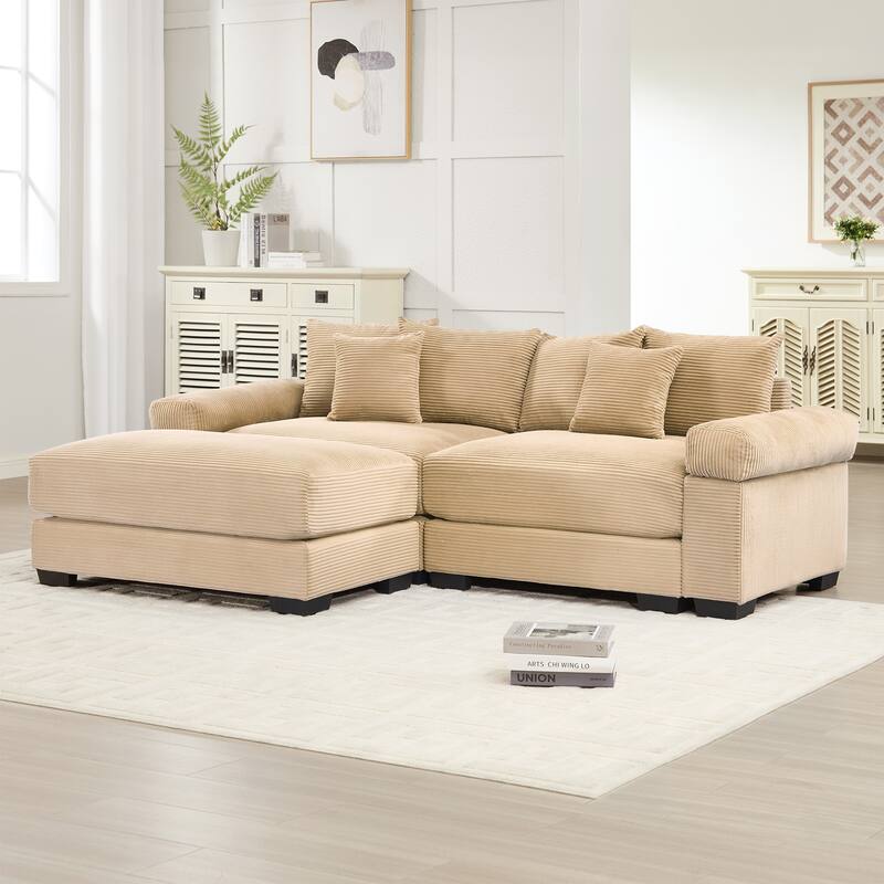 Roomfitters 82.6"/92" Modular L-Shape Sectional, Corduroy Cloud Couch with Ottoman & 6 Pillows