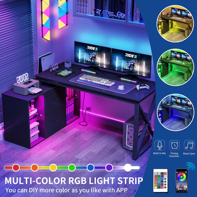 55 Inch L-shaped Gaming Desk with Power Outlets and LED Lights Computer Corner Desk with File Cabinet Monitor Stand