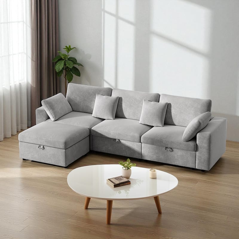 118" Oversized L-Shaped Velvet Sectional Sofa with Storage Ottoman, Removable Pillows, Cloud Couch for Living Room and Bedroom