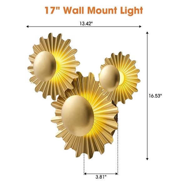 17" Art Deco Gold 3-Light LED Sunbeam Flush Mount Wall Light Sconce