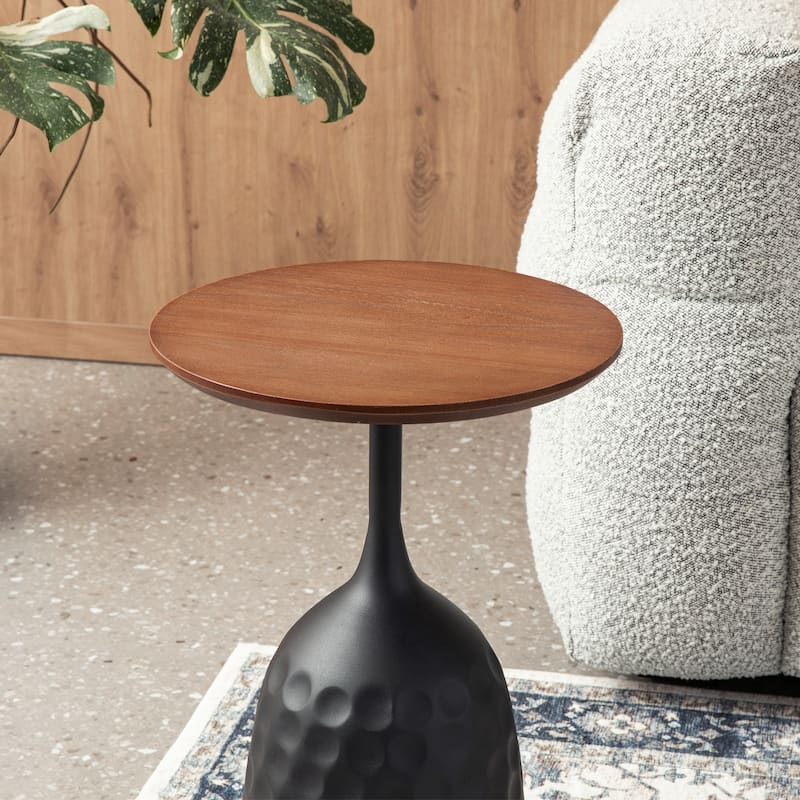 Glitzhome 22.25"H Metal Wine Bottle Shaped Accent Table With Wooden Top