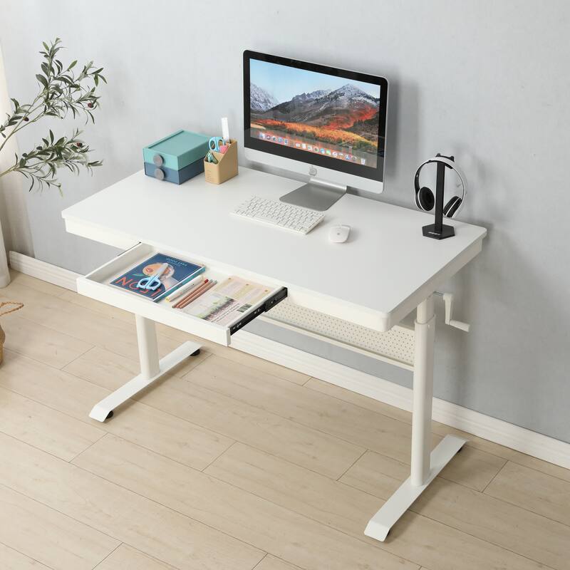 Tempered Glass Standing Desk with Metal Drawer, Adjustable Height Stand up Desk, Sit Stand Home