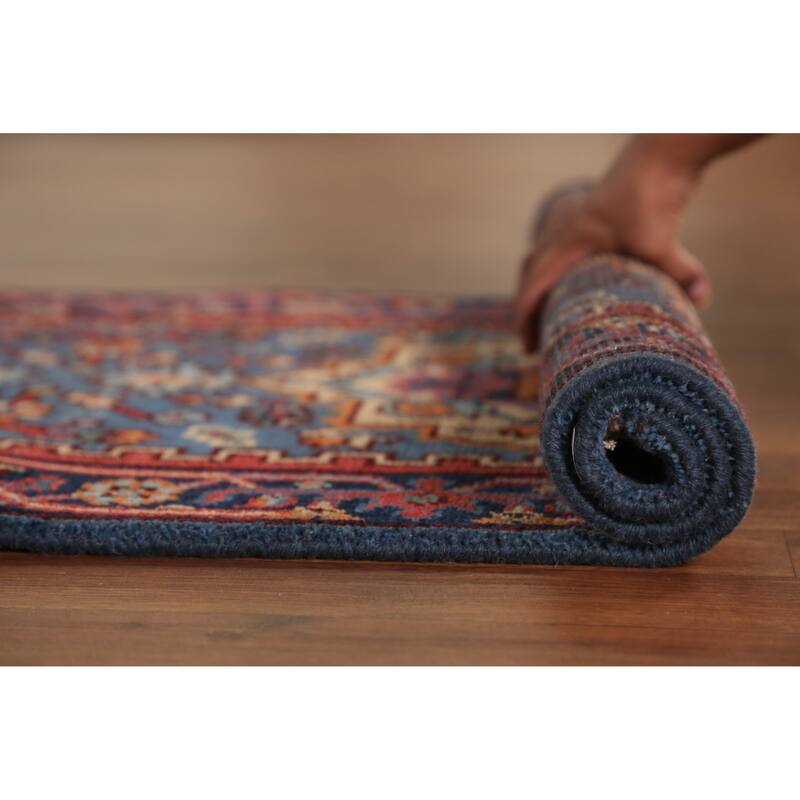 Hand Knotted Oriental 100% Wool Carpet Traditional Geometric Navy Blue & Blues Heriz (serapi) Runner Rug - 7' 10'' X 2' 7''