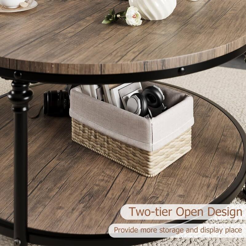 Round Coffee Table, 2 Tier Wooden Coffee Table with Storage, Farmhouse Center Tables
