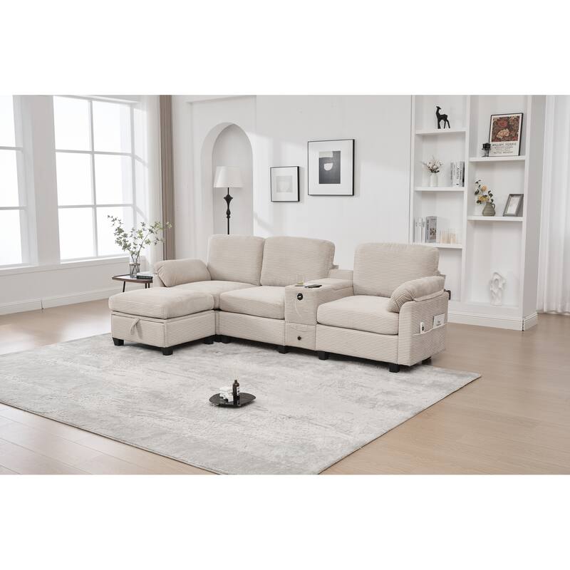 HOMEFUN Corduroy Upholstered L-Shaped 4-seater Storage Multifunctional Sectional Sofa with Storage Ottoman,Cup Holder and USB - Khaki