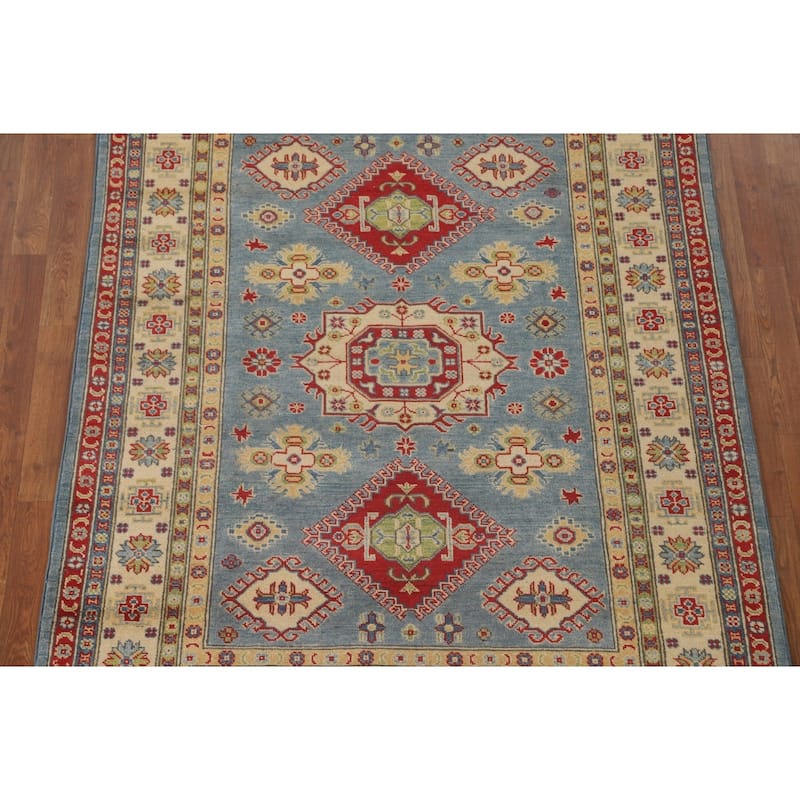 Blue Geometric Kazak Area Rug Handmade Wool Carpet - 5'0" x 6'6"