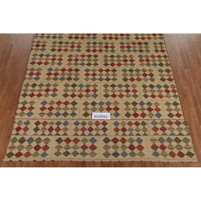 Geometric Kilim Oriental Area Rug Flatweave Beige / Ivory Wool Carpet - 7'8"x 10'0"