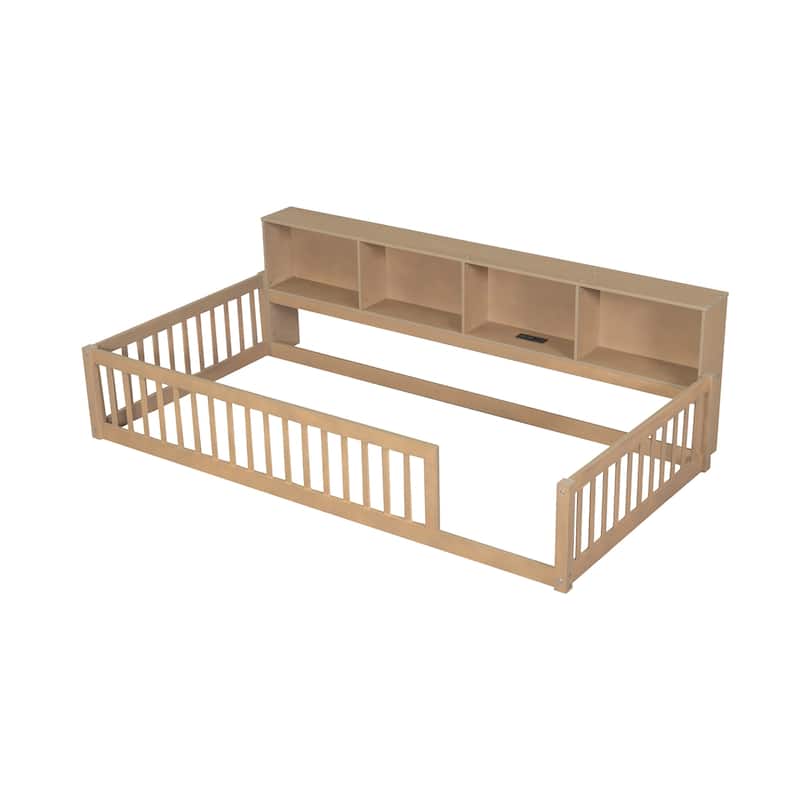 Wood Twin XL Size Floor Bed with Storage Cabinets and USB Ports, Solid Wood Bedframe w/Fence, No Box Spring Needed