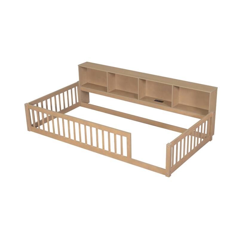 Wood Twin Xl Size Floor Bed With Storage Cabinets And Usb Ports