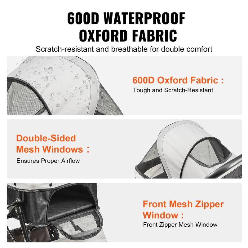 Pet Stroller with Breathable Mesh Windows and Height-Adjustable Height