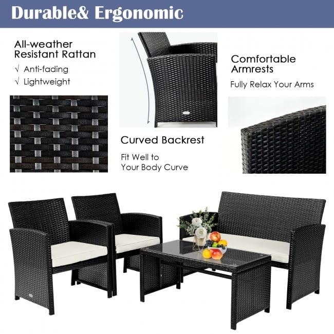 4Pcs Patio Rattan Cushioned Furniture Set - 43.5" x 25" x 31" (L x W x H)